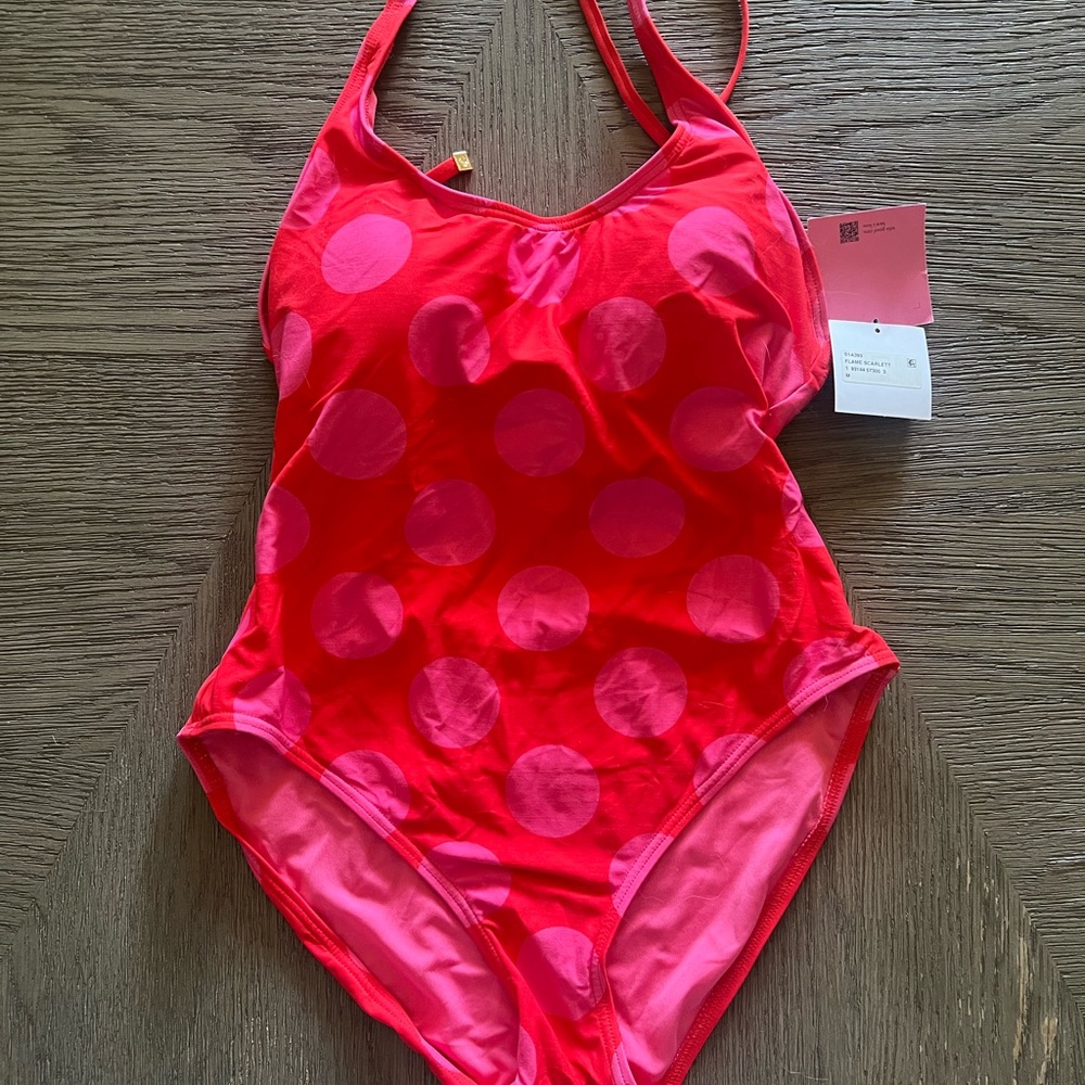 Kate Spade Lace Up Red and Pink Polka Dot Swimsuit-Flame Scarlet